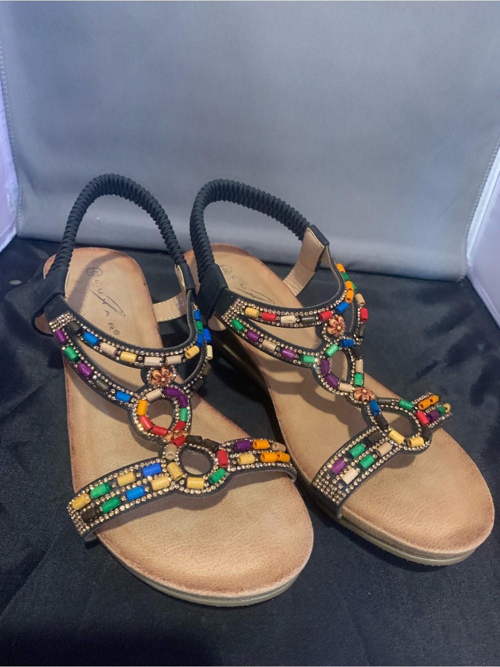 Women’s Lunar Epsom Multicolor Beaded T-Strap Sandals with Elastic Slingback